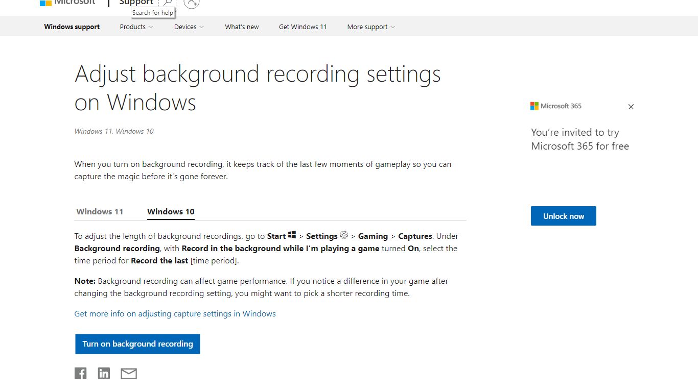 Adjust background recording settings on Windows