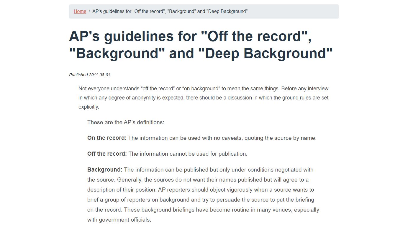 AP's guidelines for "Off the record", "Background" and "Deep Background"